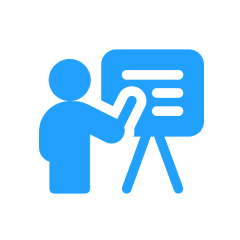 Person icon presenting at whiteboard.