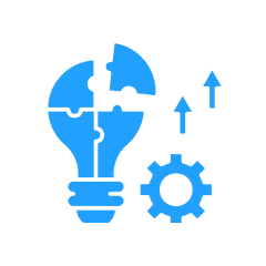 Lightbulb puzzle, gear, and upward arrows icon.