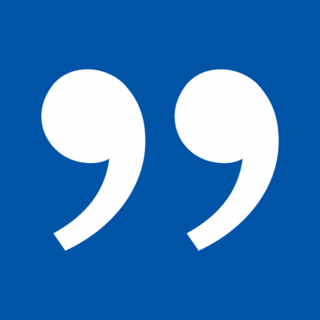 White quotation marks on blue background.