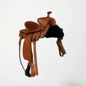 A classic brown leather horse saddle with stirrups against a white background.